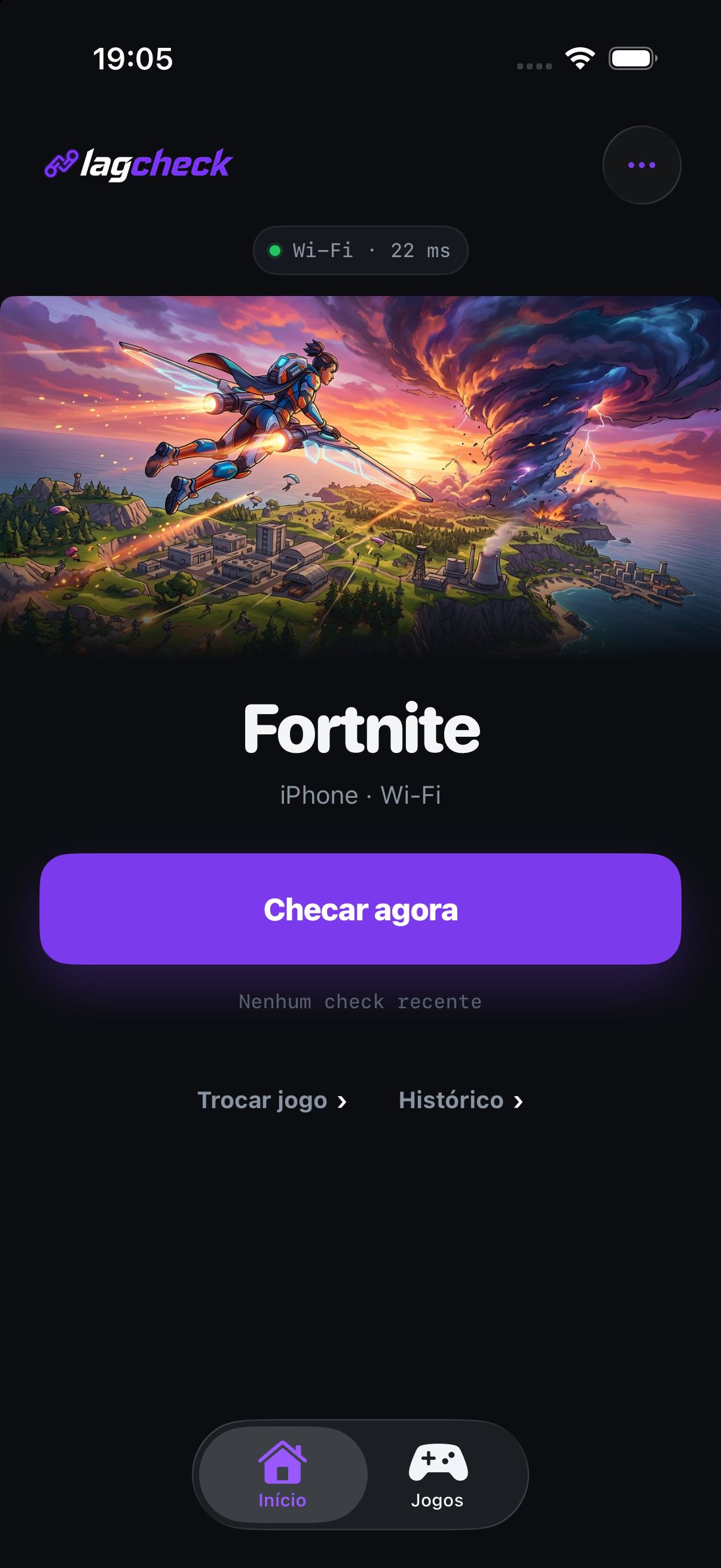 Tela inicial do Lagcheck mostrando Fortnite pronto para check